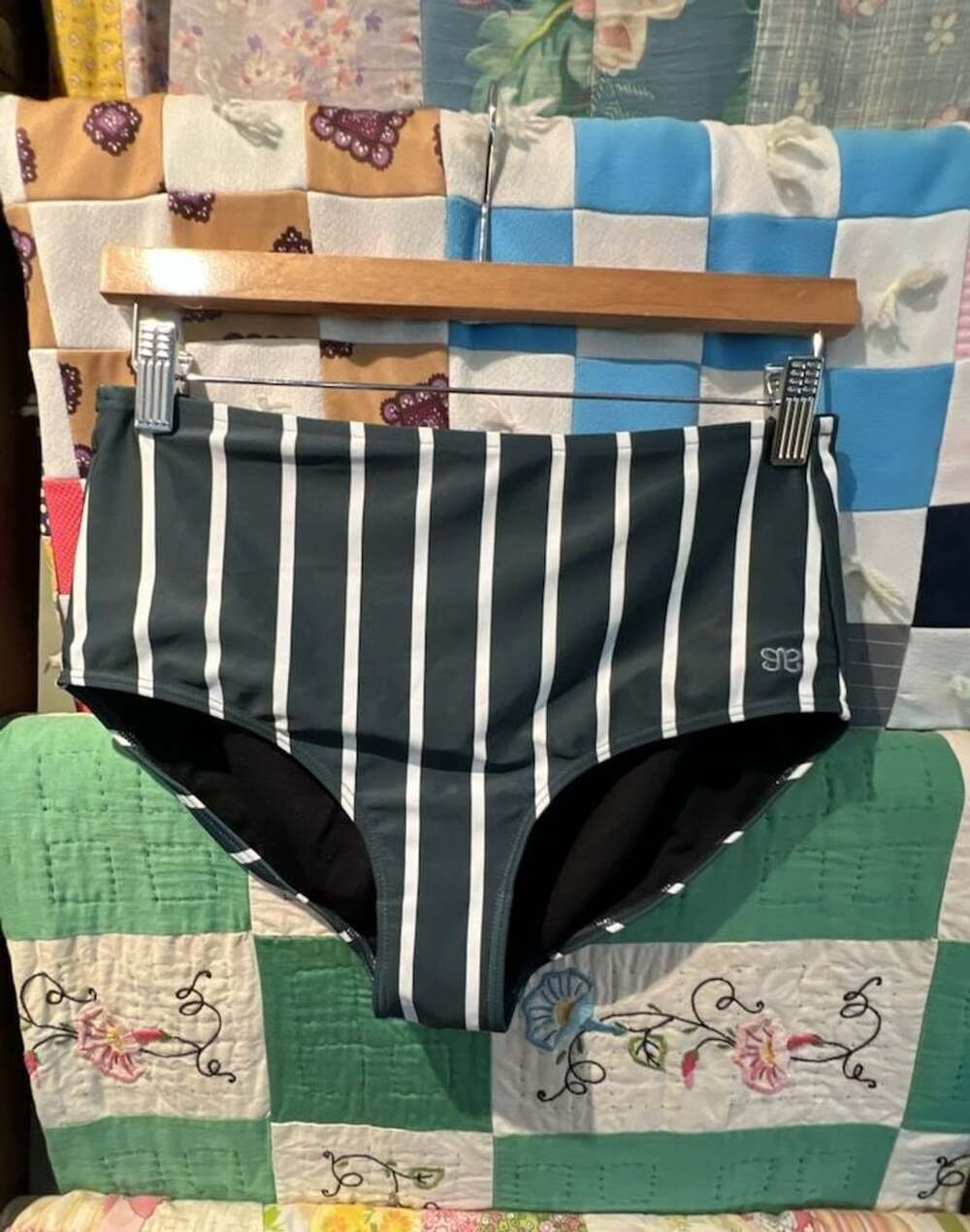 Albion Ruched High Waisted Full Coverage Bikini Bottoms - green/White Stripe